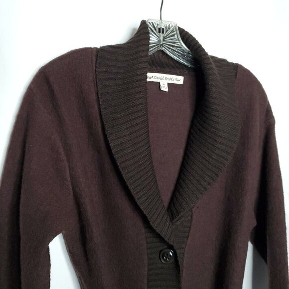 David Brooks Cardigan Sweater Coat M Chocolate Brown Wool Ribbed Shawl Collar - Picture 2 of 6